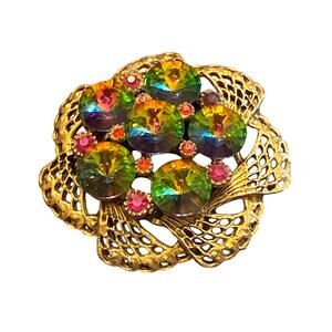 Vintage Watermelon Rivoli & Pink Rhinestone Gold Tone Brooch
